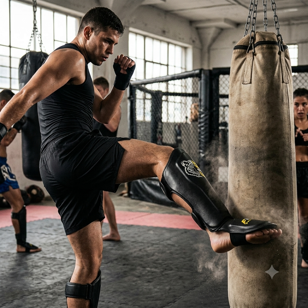 Fist Fusion Maya Hide Shin Guards: Unleash the Tiger, Shield the Strike.