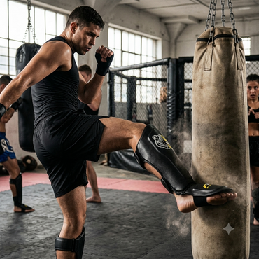 Fist Fusion Maya Hide Shin Guards: Unleash the Tiger, Shield the Strike.